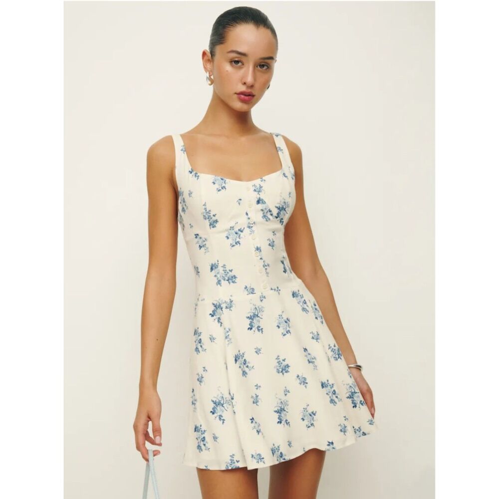 Reformation Cream Mini Dress with Blue Floral Print